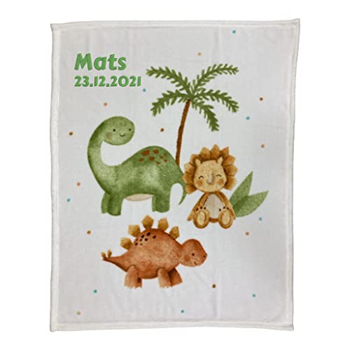 Wolimbo Babydecke mit Namen personalisiert - Motiv Dinos weiß - Besticktes Geschenk für Mädchen...