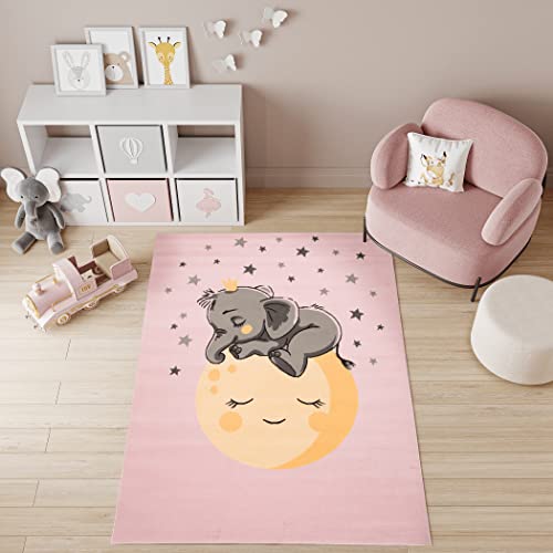 TAPISO Jolly Teppich Kurzflor Kinderzimmer Schlafzimmer Spielmatte Grau Rosa Gelb Sterne Elefant Design 140 x 200 cm