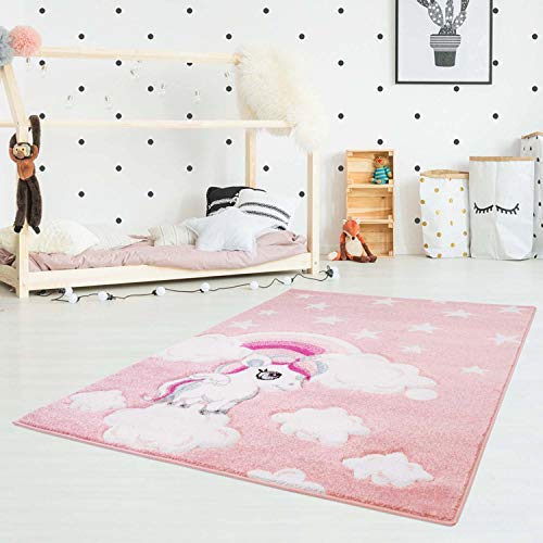 carpet city Kinderteppich-Läufer Flachflor Bueno Konturenschnitt Einhorn Sterne Regenbogen Rosa für Kinderzimmer, Größe: 80x150 cm