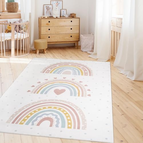 TT Home Kinderteppich Kinderzimmer Teppich Kurzflor Krone Punkte Herzen Regenbogen Weich, Farbe:Rosa...