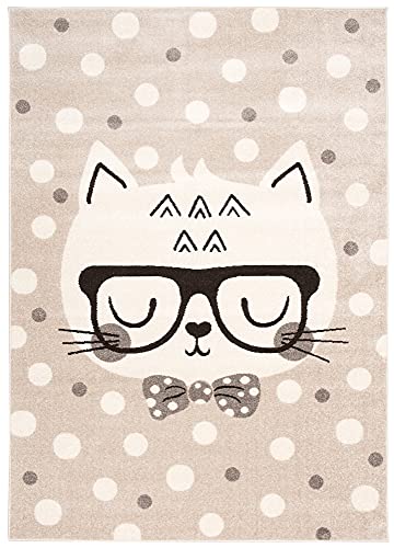 Carpeto Rugs Katze mit Brille Kinderzimmerteppich - Kurzflor Kinderteppich - Weich Teppich für Kinderzimmer - ÖKO-TEX Wohnzimmerteppich - Teppiche - Beige Creme - 200 x 300 cm