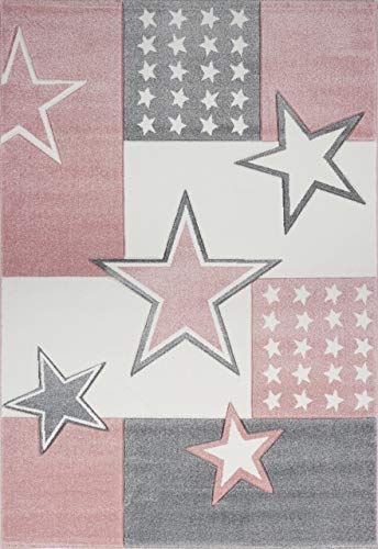 Livone Kuschelweicher Kinderteppich Jugendteppich Sternenteppich Felder Stern in rosa Weiss Creme Silber grau Größe 120 x 170 cm