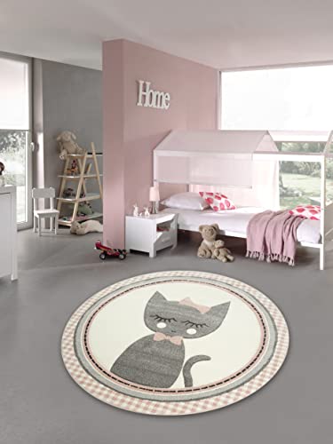 Kinderteppich Kinderzimmerteppich Babyteppich rund Katze in Rosa Grau Creme Größe 120 cm Rund