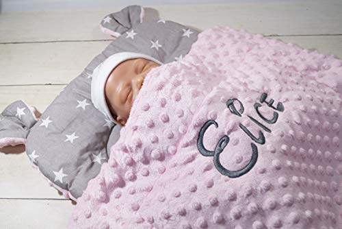 Zweilagige Decke mit Namen + Kissen mit Ohren - Baumwolle - Kinderwagen - MINKY - 50x75 cm -...