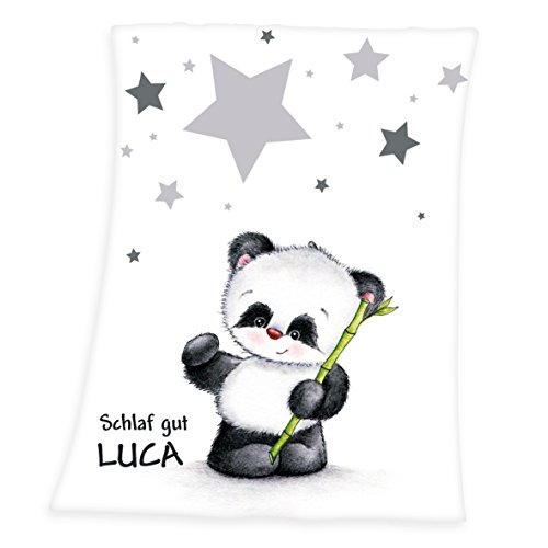 Babydecke mit Namen personalisiert - Motiv Panda - Besticktes Geschenk für Mädchen und Junge