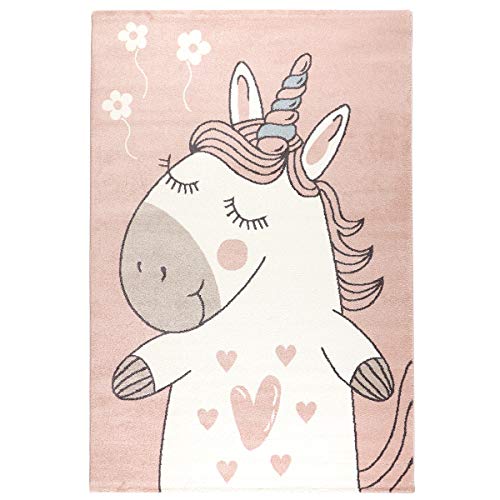 havatex Kinderteppich Einhorn 3 - Rosa | Motiv: Einhorn Herzen Blumen | Öko-Tex Siegel | ideal für...