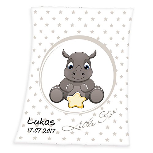 Wolimbo Babydecke mit Namen personalisiert - Motiv Nashorn - Besticktes Geschenk für Mädchen und...