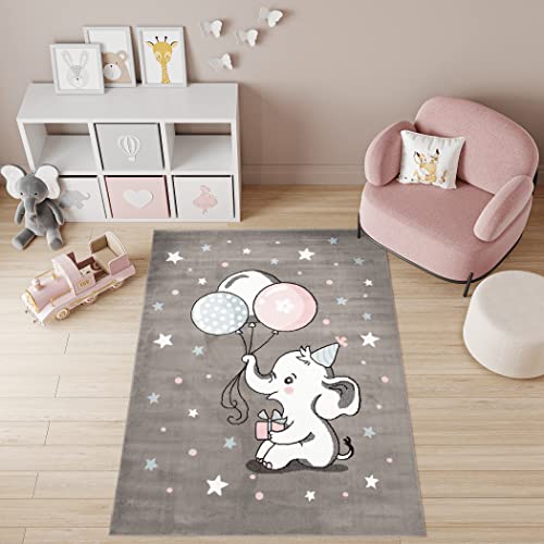 TAPISO Baby Teppich Kinderteppich Kurzflor Grau Blau Taupe Rosa Weiß Sterne Elefant Luftballons...