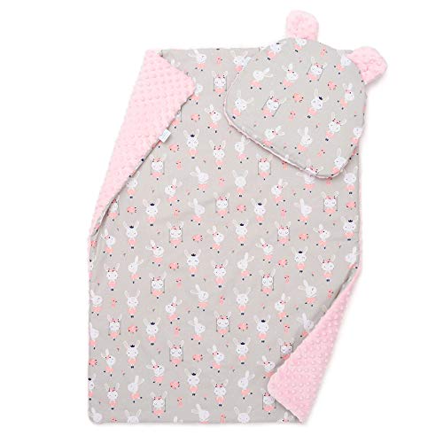 EliMeli Baby-Set BABYDECKE mit Kissen Babybettwäsche Minky Decke mit Kopfkissen für Mädchen und Junge Kuscheldecke mit Kinderkissen für Kinderwagen oder Bett (60x75, Rosa - Hase)