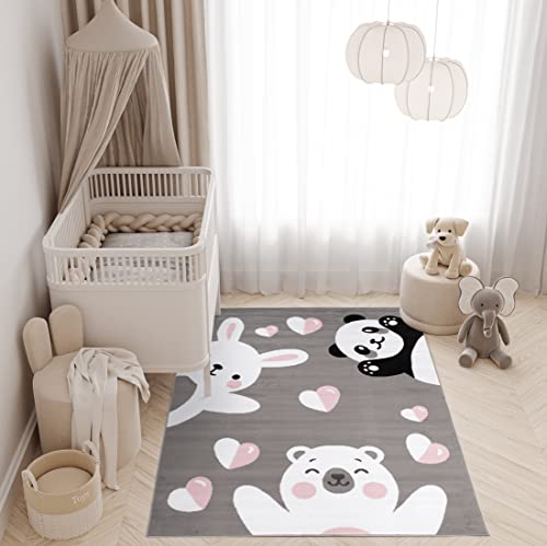 TAPISO Pinky Teppich Kurzflor Grau Schwarz Weiß Rosa Modern Panda Bär Teddy Eisbär Hase Tiere...