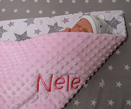 Babydecke mit Namen und Datum Bestickt Minky Baumwolle Füllung (Hellrosa - Rosa Sternen)