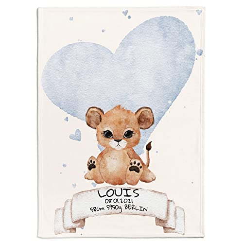 Personalisedog Personalisierte Babydecke mit Wunschtier, Name, Geburtsdatum und Motivfarbe (Herz),...