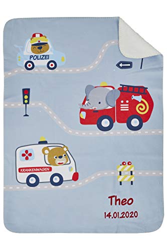 Wolimbo Duo Babydecke mit Namen - Motiv Rettungsfahrzeuge - Lammfell Optik - 75x100cm