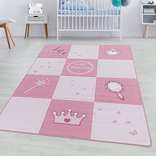 SIMPEX Kurzflor Teppich Kinderteppich Kinderzimmer Prinzessin Krone Zauberstab Pink, Farbe:Pink, Grösse:80x120 cm