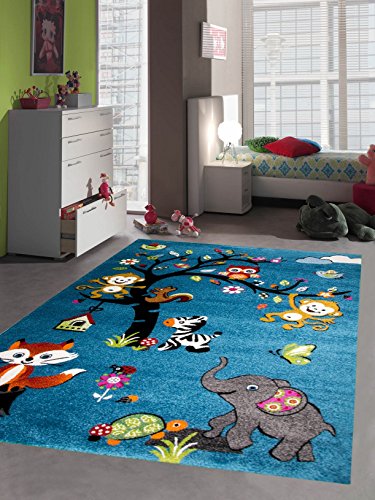 Traum Kinderteppich Spielteppich Kinderzimmer Teppich Zootiere in Blau 160x230 cm