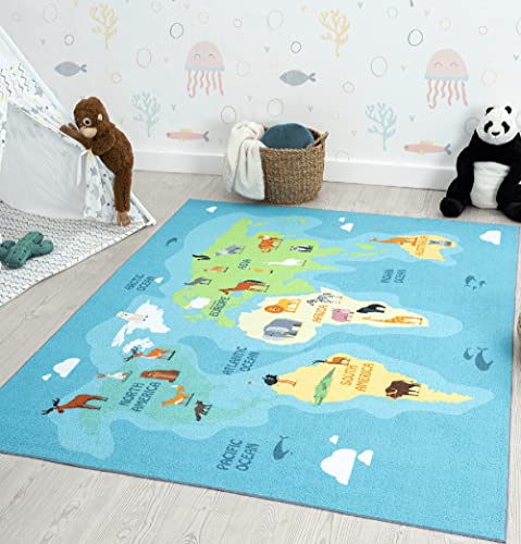 the carpet Happy Life Kinderzimmer, Kinderteppich, Spielteppich, Waschbar, Weltkarte, Erde, Tiere,...