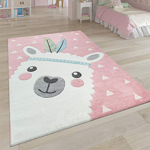 Paco Home Kinderteppich Rosa Kinderzimmer 3-D Design Alpaka Motiv Pastellfarben Robust,...