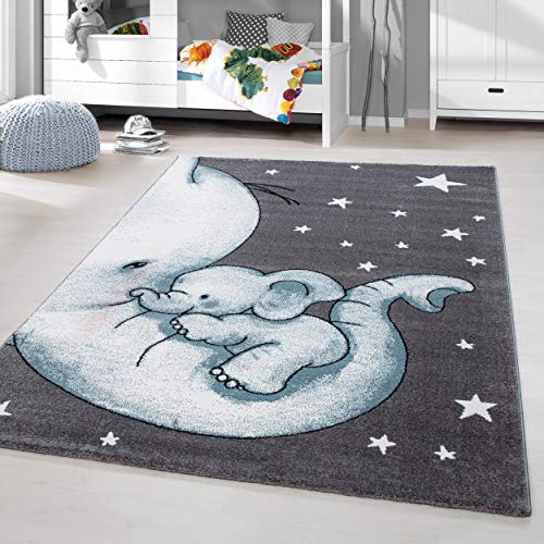 HomebyHome Kinderteppich Elefanten Mama Design Blau 120x170 cm - Teppich Kinderzimmer Mädchen und...