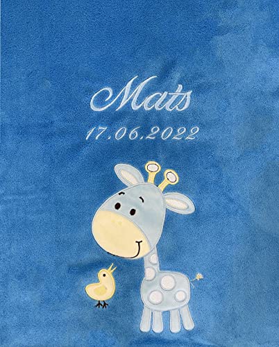 Babydecke mit Name und Geburtsdatum Bestickt / kuschelig weich / 1A Qualität (Blau - Giraffe)