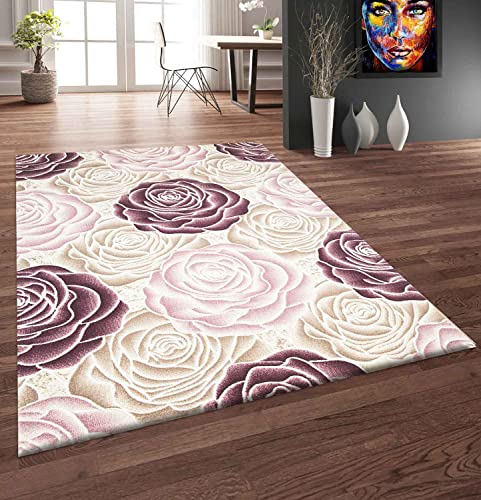 VIMODA Teppich Blume Rosen Muster in Rosa Pink Creme mit Glitzer, Maße:120 x 170 cm
