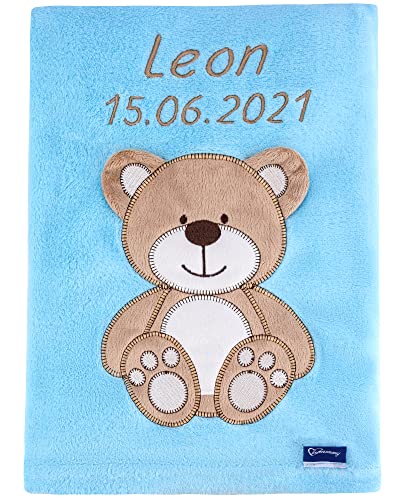 Be Mammy Babydecke mit 3D Applikation Bestickt mit Name und Geburtsdatum 76 x 102 cm BE20-280 (Blau...