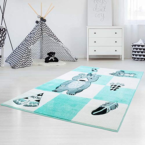 carpet city Kinderteppich Bueno Indianer-Bär Tipi Mint Türkis mit Konturenschnitt, Glanzgarn...