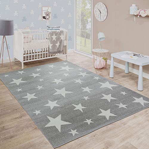 Paco Home Moderner Kurzflor Kinderteppich Sternendesign Kinderzimmer Star Muster Grau Weiß, Grösse:120x170 cm