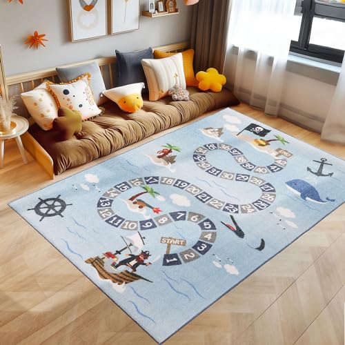 SIMPEX KinderTeppich, Piraten-Design, Teppich Blau, 100 x 150 cm, Teppich für Kinder, Teppich...