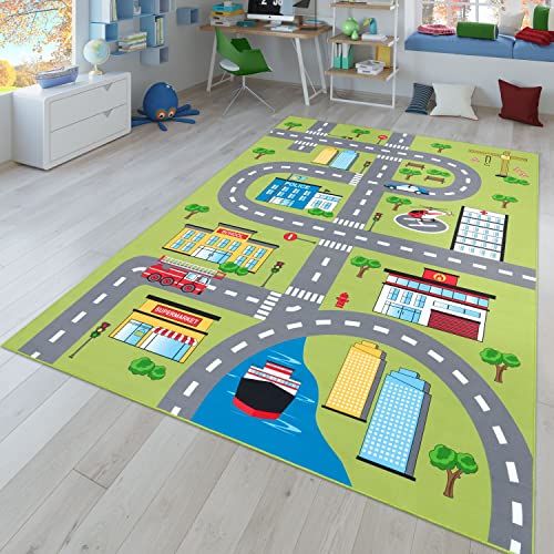 TT Home Kinder-Teppich, Spielteppich Für Kinderzimmer Mit Straßen-Muster Und Autos, Grün,...