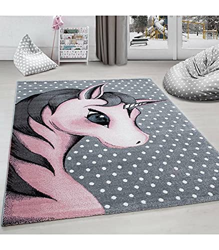 Kinderteppich Einhorn Baby Kurzflor Kinderzimmer Babyzimmer Teppich Grau Pink, Grösse:160 cm Rund