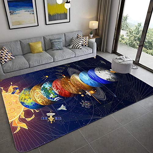 IOWLDMW Kurzflor Wohnzimmer Teppich Blaugraubrauner Sonnenstern Planet Kinderteppich ​Babyzimmer...