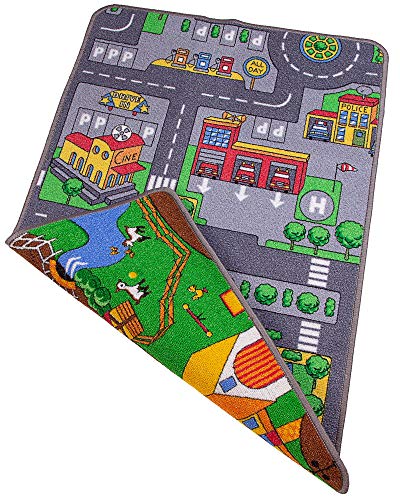 Ondis24 Kinder Spielteppich groß, Kinderteppich Straße & Bauernhof Design, Maße 67x100 cm,...