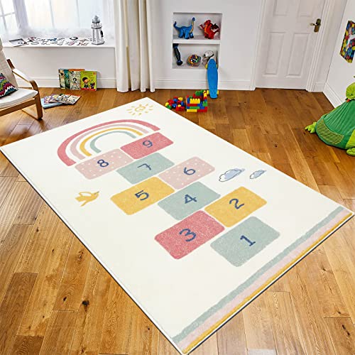 SHACOS Hopscotch Teppich Kinderzimmer 120x170 cm Kinderteppich Weich rutschfest Kinderzimmerteppich Groß Beige Babyteppiche Spielteppich für Jungen, Mädchen, Spielzimmer, Schlafzimmer