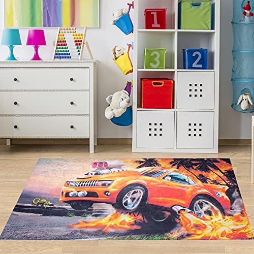 Teppich4Kids Kinderteppich Auto Rennauto Waschbar & rutschfest, Größe:120 x 180 cm