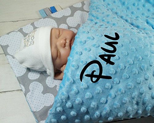 ★ Babydecke mit Namen und Datum bestickt ★ Geschenk ★Geburt ★ Taufe ★ (75 x 100 cm, Mäuse - Hellblau) ( 900111 )