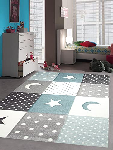 Teppich-Traum Kinderzimmer Teppich Spiel & Baby Teppich Punkte Sterne Mond Design in Blau Türkis Grau Creme Größe 80x150 cm