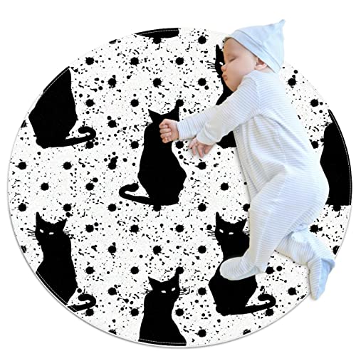 Runder Teppich Kinderzimmer Schwarze Katze Kinderteppich rutschfeste Babymatte Dekorativ Teppich Für Kinder Jungen Mädchen 70x70cm