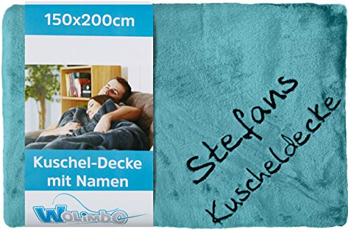 Wolimbo Kuscheldecke - 200 x 150cm - türkis - personalisierbar - Wohndecke mit Wunsch Name/Motiv - weiche Decke - bestickte Couchdecke - Schlafdecke