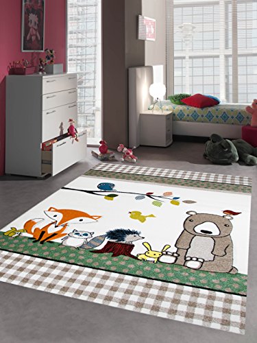 CARPETIA Kinderteppich Spielteppich Babyzimmer Teppich Tiere Bär Fuchs Igel Eule Beige Braun Größe 160x230 cm