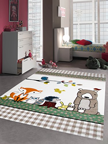 CARPETIA Kinderteppich Spielteppich Babyzimmer Teppich Tiere Bär Fuchs Igel Eule Beige Braun...