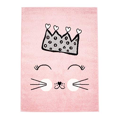 MyShop24h Kinderteppich Flachflor Kids Teppich Kinderzimmer Spielzimmer mit Katze und Krone in...