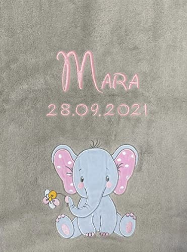 Babydecke mit Name und Geburtsdatum Bestickt / kuschelig weich / 1A Qualität (Grau - Elefant)