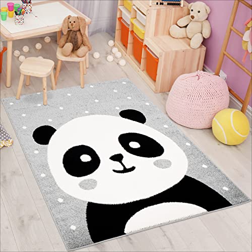 carpet city Kinderteppich Bubble Kids Flachflor Panda-Bär, weiß gepunktet in Grau für...