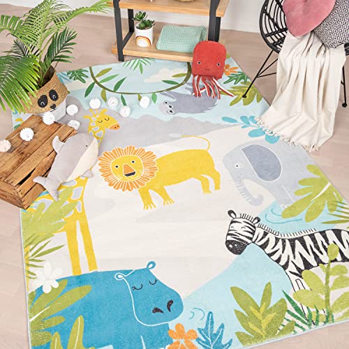 FRAAI Kinderteppich - Jungle Löwe Bunt - 160x230cm - Flachgewebe - Tier - Ländlich, Modern - Kinderzimmer - Carpet