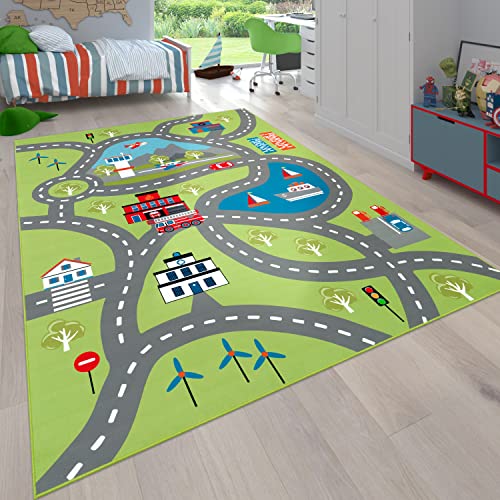 Paco Home Kinder-Teppich Für Kinderzimmer, Spiel-Teppich Mit Straßen-Motiv, In Grün,...
