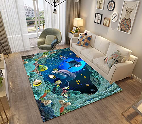 3D Ozean Tier Teppich Kinder Junge Erwachsene Schlafzimmer Dekoration,Meeresschildkröte Tintenfisch Delfin Motiv Modern rutschfest Flanell Kinderteppiche (Farbe 4, 80×160 cm)