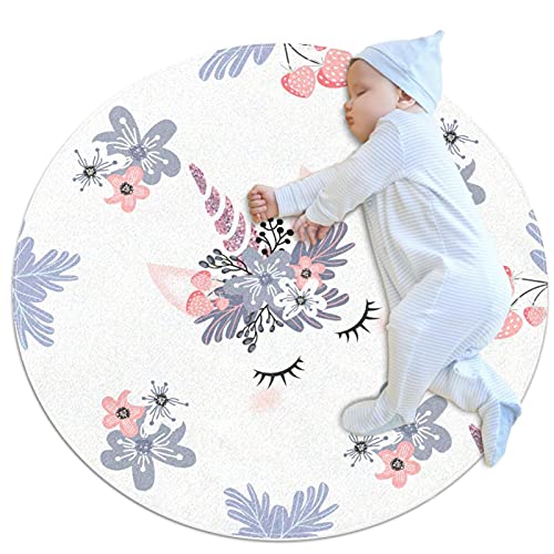 JHKHJ Kinderspielmatten, runder Küchenteppich runder waschbarer Teppich, runder Teppich Weißes graues Einhorn 100x100cm