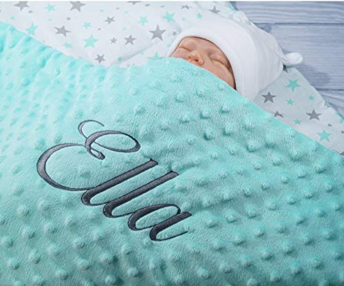 Generisch Babydecke mit Namen und Datum Bestickt Minky Baumwolle Füllung (Minze - Minze Sternen)