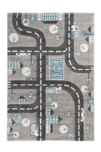Qiyano Teppich für Kinderzimmer Spielteppich mit Straßen und Autos Spielmatte Konturenschnitt 3-D Optik, Motiv: Straßen, Farbe: Grau, Größe: 80 x 150 cm