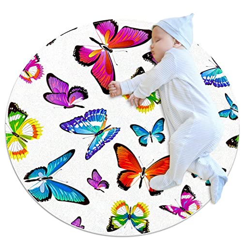 Runder Teppich Kinderzimmer Farbe Schmetterling Kinderteppich rutschfeste Babymatte Dekorativ Teppich Für Kinder Jungen Mädchen 70x70cm